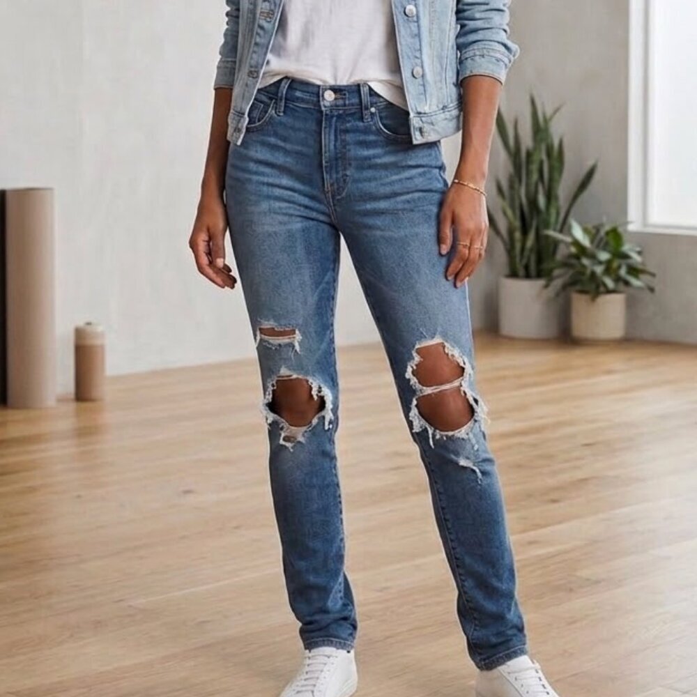J Brand Size 27 Distressed Skinny Jeans Blue Denim Ripped Knee Mid Rise Premium